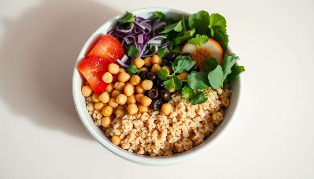 A beautifully arranged Buddha bowl filled to the brim with hearty chickpeas, fluffy brown rice, and a vibrant assortment of fresh vegetables. The bowl is set against a neutral background, creating a clean and minimalist composition that showcases the dish's natural colors and textures. Soft, diffused lighting casts gentle shadows, adding depth and dimension to the scene. The camera angle is slightly elevated, capturing the bowl from an eye-level perspective, making the viewer feel as if they are about to dive into this nourishing and satisfying plant-based meal.