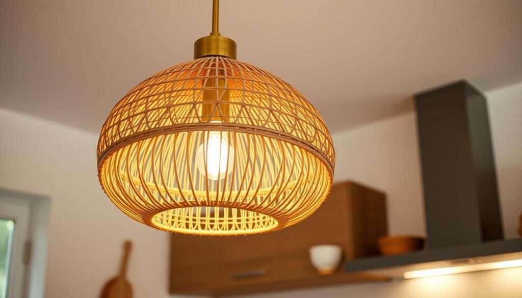 A beautifully crafted rattan pendant lamp, its intricate woven pattern casting a warm, ambient glow across the room. Suspended from a sleek, minimal brushed brass fixture, the pendant's soft curves and natural hues evoke a cozy, bohemian-inspired atmosphere. Bathed in gentle, diffused lighting, the textural details of the rattan come to life, adding depth and visual interest to the scene. Imagine this elegant piece adorning the ceiling of a modern, airy kitchen, effortlessly blending rustic charm with contemporary sophistication - the perfect finishing touch to a boho-inspired space.