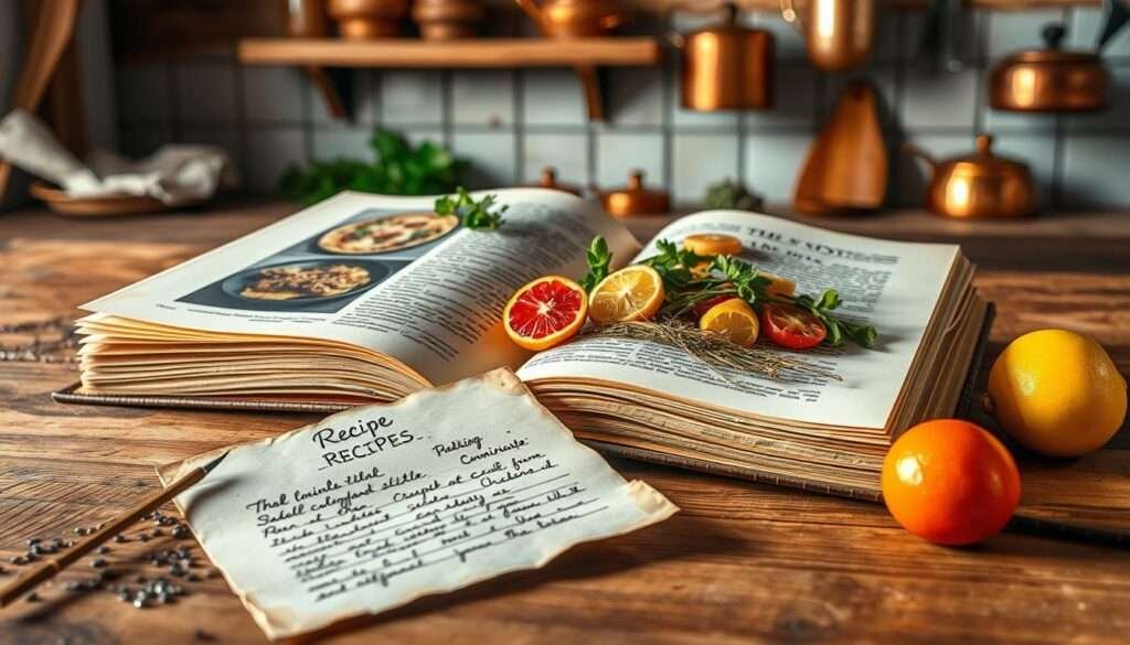 A beautifully crafted recipe book rests on a wooden table, its pages fanned open to reveal artfully styled dishes. Warm, soft lighting bathes the scene, creating a cozy, inviting atmosphere. In the foreground, a hand-written recipe card, ink-penned on aged parchment, offers a tantalizing glimpse into the culinary creation. The middle ground features an array of fresh, vibrant ingredients - fragrant herbs, juicy citrus, and glistening seasonings - artfully arranged to evoke the flavors of the dish. In the background, a rustic kitchen setting with weathered wooden shelves and copper pots adds to the homemade, artisanal feel. The overall composition conveys a sense of rustic elegance and culinary inspiration, perfectly capturing the essence of creating viral TikTok food recipes for a blog.