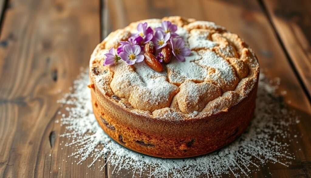 A beautifully crafted whole wheat cake, dusted with a light coating of organic powdered sugar, rests upon a rustic wooden table. The cake's moist crumb is infused with the natural sweetness of dates and a hint of fragrant vanilla. Delicate edible flowers cascade elegantly across the top, adding a touch of whimsy. Soft, natural lighting casts a warm glow, highlighting the cake's inviting texture. The scene evokes a sense of wholesome indulgence, perfectly capturing the essence of "Cakes, Pies, and Tarts Made with Wholesome Ingredients".