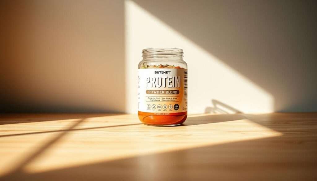 A beautifully lit and meticulously styled photograph showcasing a clean, minimalist design featuring a glass container filled with a vibrant protein powder blend. The container is placed on a sleek, wooden surface, casting soft shadows that add depth and dimension to the scene. The background is a simple, neutral-colored wall, allowing the product to be the focal point. The lighting is warm and natural, creating a cozy, inviting atmosphere that highlights the high-quality ingredients and nutritional information displayed on the container's label. The overall composition is balanced and visually striking, perfectly capturing the essence of a high-protein vegetarian dinner.