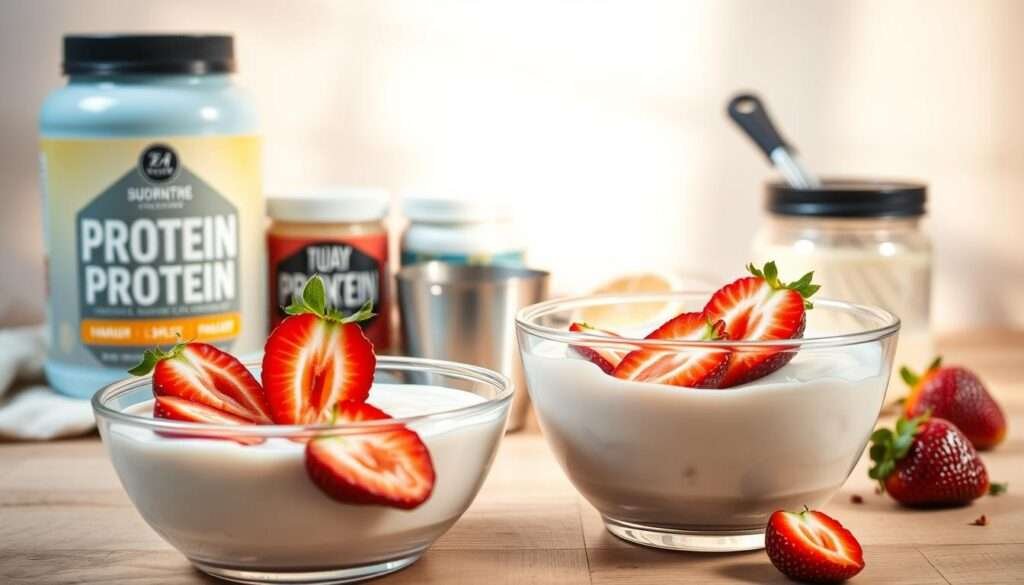 A beautifully lit still life composition showcasing the ingredients for delectable protein pudding. In the foreground, a glass bowl filled with a smooth, creamy pudding texture, garnished with freshly sliced strawberries. In the middle ground, an assortment of protein powder jars, a measuring cup, and a whisk, arranged neatly on a wooden surface. The background features a soft, neutral-toned backdrop, allowing the ingredients to take center stage. The lighting is warm and natural, creating a cozy, inviting atmosphere. The image captures the essence of a healthy, indulgent treat, ready to be enjoyed.
