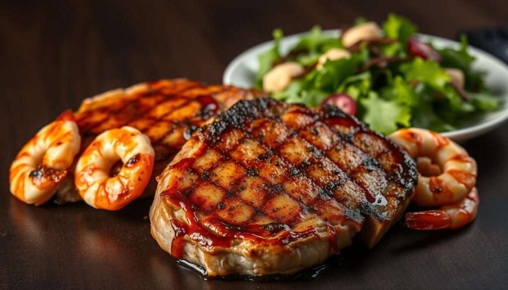 A beautifully styled still life image of seared pork chops and grilled shrimp, arranged artfully on a dark wooden table. The pork is glazed with a rich, caramelized sauce, while the shrimp are cooked to tender perfection, their vibrant orange-pink hues contrasting with the earthy tones of the pork. In the background, a simple green salad with a light vinaigrette dressing adds a fresh, complementary element. Soft, directional lighting casts gentle shadows, creating depth and dimension. The overall mood is one of rustic elegance, inviting the viewer to imagine the delicious flavors and textures of this keto-friendly, protein-packed meal.
