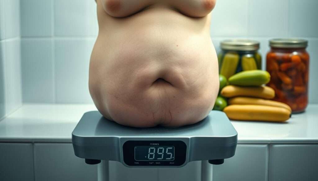 A bloated, uncomfortable-looking human figure sits on a bathroom scale, their abdomen distended and swollen. The lighting is soft and diffused, creating a somber, introspective atmosphere. The scale's digital display shows a worrying number, highlighting the physical impact of the bloating. In the background, an array of fermented foods - sauerkraut, kimchi, and pickles - are neatly arranged, suggesting a potential solution to the discomfort. The overall scene conveys the struggles of managing gut health and finding the right balance of fermented ingredients.