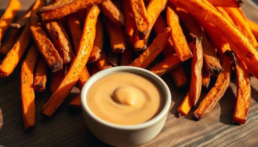 A bountiful arrangement of golden, crispy sweet potato fries, freshly cut and lightly dusted with a blend of spices, presented on a rustic wooden surface. The fries are meticulously arranged, their edges glistening with a hint of olive oil, casting long shadows that create a sense of depth and dimension. In the foreground, a small ceramic bowl filled with a creamy, tantalizing "secret sauce" - a blend of savory and sweet flavors that complements the natural sweetness of the potatoes. The lighting is soft and warm, casting a cozy, inviting atmosphere, drawing the viewer's attention to the delectable snack. The overall composition exudes a sense of homemade comfort and healthful indulgence, perfectly capturing the essence of "Air Fryer Sweet Potato Fries With Secret Sauce".