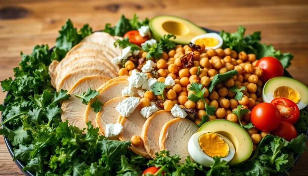 A bountiful, freshly-prepared salad overflowing with an array of high-protein ingredients. In the foreground, a bed of crisp, vibrant greens - kale, spinach, and arugula - adorned with sliced chicken breast, hard-boiled eggs, and juicy cherry tomatoes. In the middle ground, a scattering of roasted chickpeas, crumbled feta, and sliced avocado, all glistening under warm, natural lighting. The background features a simple, rustic wooden table, evoking a homemade, artisanal feel. The overall composition conveys a sense of healthfulness, abundance, and culinary craftsmanship, perfectly suited to illustrate the "High-Protein Salad Ideas I Prep Again and Again" section.