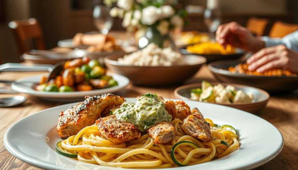 A bountiful keto dinner table, bathed in warm, inviting light. In the foreground, a plate showcases an array of mouthwatering dishes - tender roasted chicken, crisp zucchini noodles, and a creamy avocado-based dressing. In the middle ground, a selection of keto-friendly sides, such as roasted Brussels sprouts and cauliflower rice, artfully arranged. The background features a rustic wooden table, complemented by the earthy tones of a simple yet elegant centerpiece. The overall scene exudes a sense of balance, comfort, and the pure joy of sharing a nourishing, family-friendly keto meal.