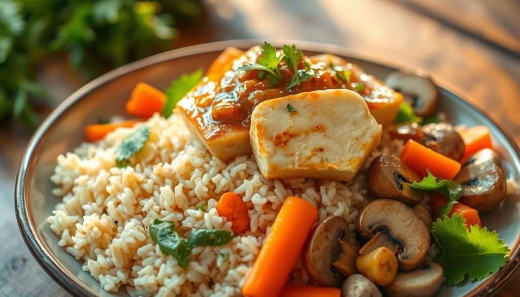 A bountiful plate filled with a hearty serving of fragrant rice, surrounded by a vibrant array of fresh vegetables - crisp greens, vibrant carrots, and tender mushrooms. Nestled atop, a generous portion of protein-rich tofu, its creamy texture complemented by a flavorful, aromatic sauce. The scene is bathed in warm, golden lighting, casting a cozy, inviting atmosphere, as if captured in a rustic, homemade meal. The composition is balanced and visually appealing, showcasing the delectable harmony of a wholesome, high-protein vegetarian dinner. The image evokes a sense of nourishment, culinary delight, and the comforting allure of a family-friendly, plant-based meal.