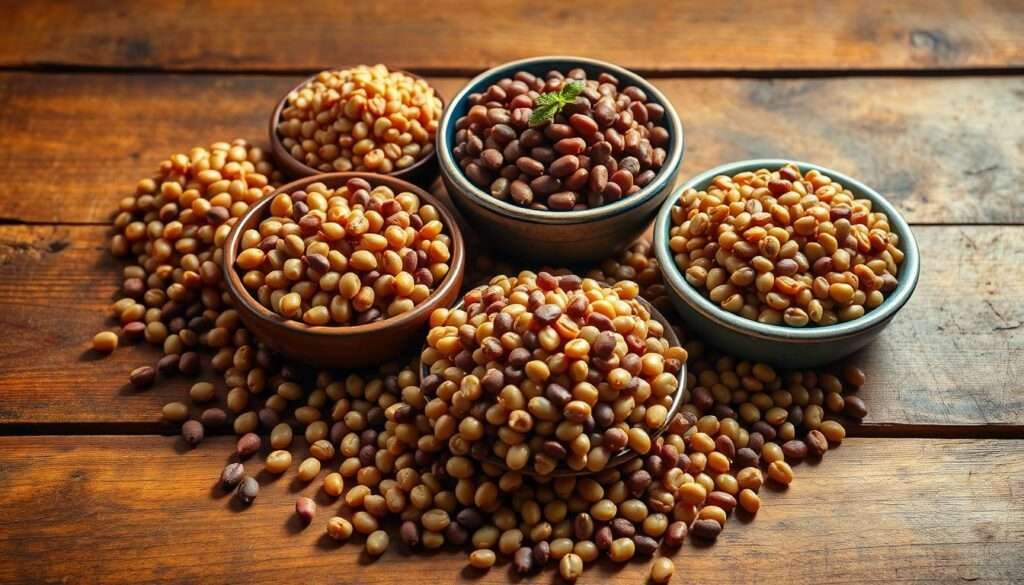 A bountiful still life arrangement of freshly cooked beans and lentils, artfully displayed on a rustic wooden table. Warm, earthy tones bathe the scene, highlighting the vibrant colors and textures of the legumes. Soft, directional lighting casts gentle shadows, creating a sense of depth and dimensionality. The beans and lentils are carefully placed, with some spilling out of their bowls, conveying a sense of abundance and hearty nourishment. The overall composition is balanced and visually appealing, inviting the viewer to imagine the delicious and protein-packed meal that could be prepared from these simple, yet versatile ingredients.