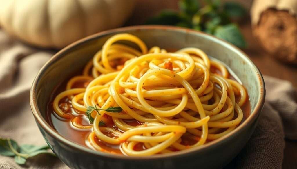 A bowl of low-carb "pasta" noodles, made from zucchini or shirataki, bathed in a rich, creamy keto-friendly sauce. The noodles are arranged in an artful, swirling pattern, glistening under warm, soft lighting. In the background, a backdrop of earthy, neutral tones creates a cozy, inviting atmosphere. The scene evokes a sense of comfort and satisfaction, perfectly capturing the essence of a delectable, guilt-free keto-friendly noodle dish.
