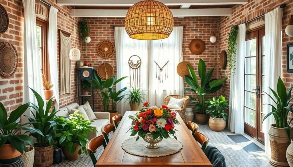 A bright, airy boho-inspired interior showcasing a harmonious blend of natural textures and vibrant colors. In the foreground, a rattan pendant light casts a warm glow over a wooden dining table adorned with a vibrant floral centerpiece. Macrame wall hangings and woven baskets add bohemian flair to the middle ground, while lush potted plants and earthy ceramics create a calming, nature-infused ambiance. Sunlight filters through sheer curtains, illuminating the space and highlighting the eclectic mix of materials, from the exposed brick wall to the patterned tile floor. An inviting, relaxed atmosphere that celebrates the spirit of modern boho design.