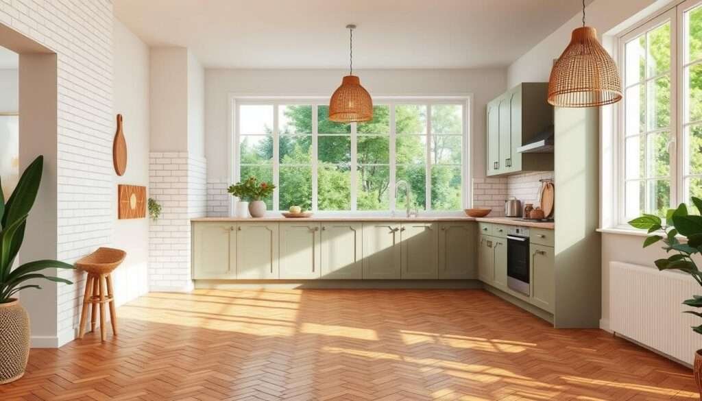 A bright, airy kitchen with a mix of modern and boho-inspired patterns. In the foreground, a herringbone-patterned tile floor in warm earth tones. On the walls, a textured white subway tile backsplash accented by handpainted terracotta tiles in a bold, geometric design. The middle ground features sleek, minimalist cabinets in a soft, muted green, complemented by rattan pendant lights casting a warm, diffused glow. In the background, large windows overlooking a lush, verdant garden, filling the space with natural light. The overall atmosphere is one of balance, harmony, and a celebration of artisanal craftsmanship.