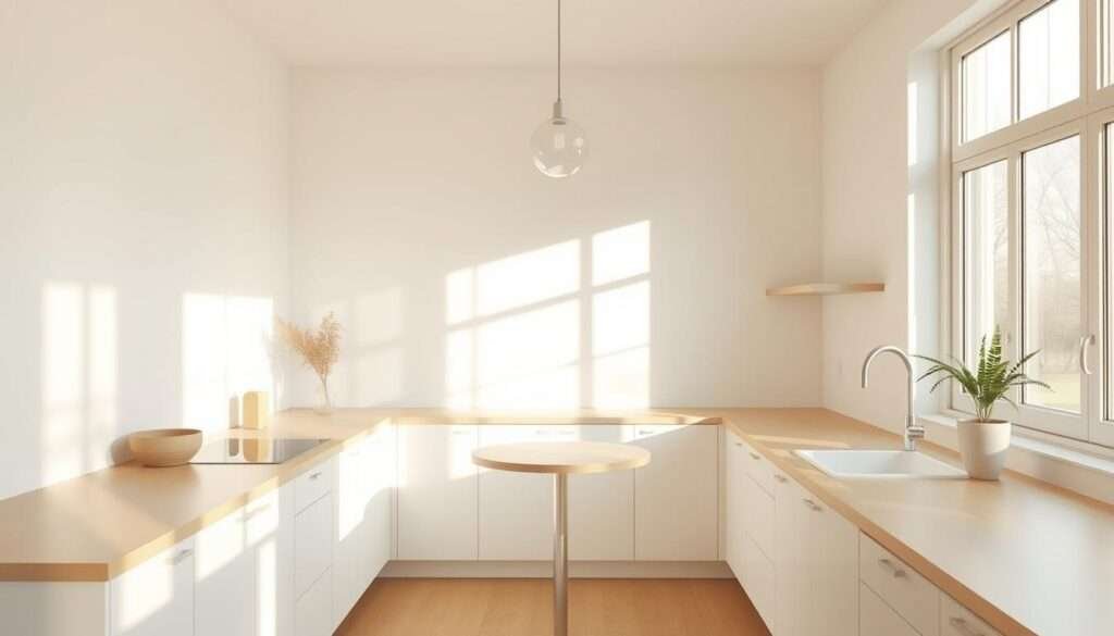A bright, airy minimalist kitchen with natural light streaming through large windows, casting a warm glow on the clean, uncluttered space. Smooth, pale wood countertops complement the crisp white cabinetry and walls, creating a serene, calming atmosphere. A single, simple pendant light fixture hangs above a small, round dining table, illuminating the tranquil scene. The kitchen is flooded with soft, diffused daylight, emphasizing the quiet, understated beauty of the minimal design. Soft shadows and highlights accentuate the natural textures and clean lines, inviting a sense of peaceful contemplation.