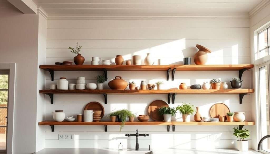 A bright, airy modern farmhouse kitchen with open wooden shelving displaying a curated collection of ceramics, plants, and rustic accents. The shelves are mounted on a whitewashed shiplap wall, casting soft shadows and creating a warm, inviting atmosphere. Sunlight streams in through large windows, illuminating the natural textures and organic elements. The shelves are arranged in a thoughtful, asymmetrical layout, adding visual interest and a sense of effortless style. The overall aesthetic blends the simple, clean lines of contemporary design with the charm and character of a rural farmhouse, resulting in a harmonious and functional space.