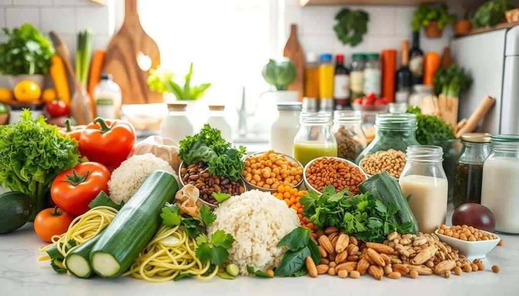 A brightly lit kitchen counter filled with a variety of healthy food items, including fresh vegetables, fruits, nuts, and grains. In the foreground, a selection of common food swaps is neatly arranged, such as zucchini noodles instead of pasta, cauliflower rice instead of regular rice, and almond milk instead of dairy milk. The middle ground features a mix of plant-based proteins, such as tofu, lentils, and chickpeas. The background showcases various herbs, spices, and condiments, creating a visually appealing and informative composition that highlights the versatility of healthy meal alternatives.