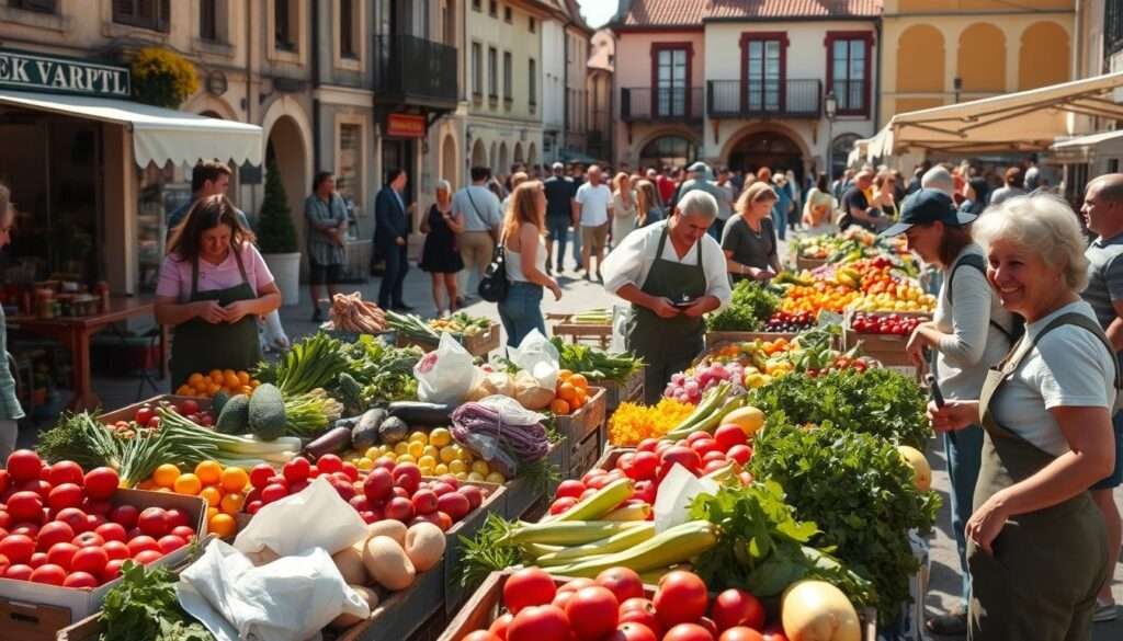 A bustling farmers market on a sunny day, with local growers showcasing their fresh produce. In the foreground, a group of farmers proudly display their vibrant fruits and vegetables, each item carefully selected and arranged. In the middle ground, shoppers browse the stalls, examining the goods and conversing with the farmers. The background is a quaint town square, with historic buildings and a lively atmosphere. The lighting is natural and warm, casting a golden glow over the scene. The composition is balanced, with the farmers and their wares taking center stage, inviting the viewer to imagine the possibilities of using these locally-sourced, zero-waste ingredients.