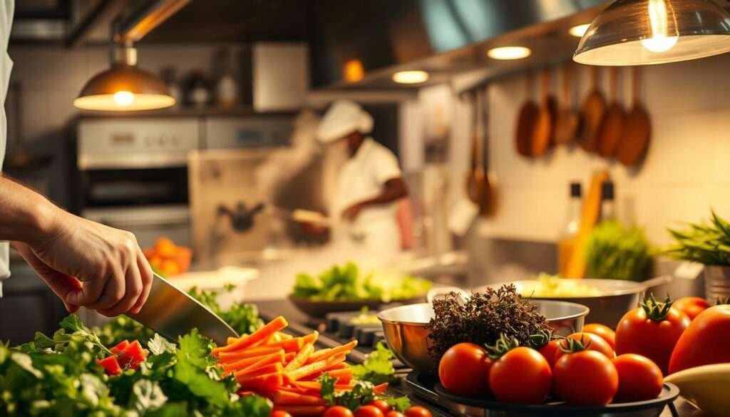 A bustling kitchen scene, bathed in warm, golden light from overhead fixtures. In the foreground, a chef's hands skillfully chop a variety of vibrant, fresh vegetables - leafy greens, crisp carrots, and juicy tomatoes. The middle ground features sizzling pans on the stovetop, steam rising as ingredients are expertly combined. In the background, a blend of spices and herbs add depth and complexity to the aromatic atmosphere. The overall composition conveys a sense of efficiency, creativity, and the joy of plant-based cooking.