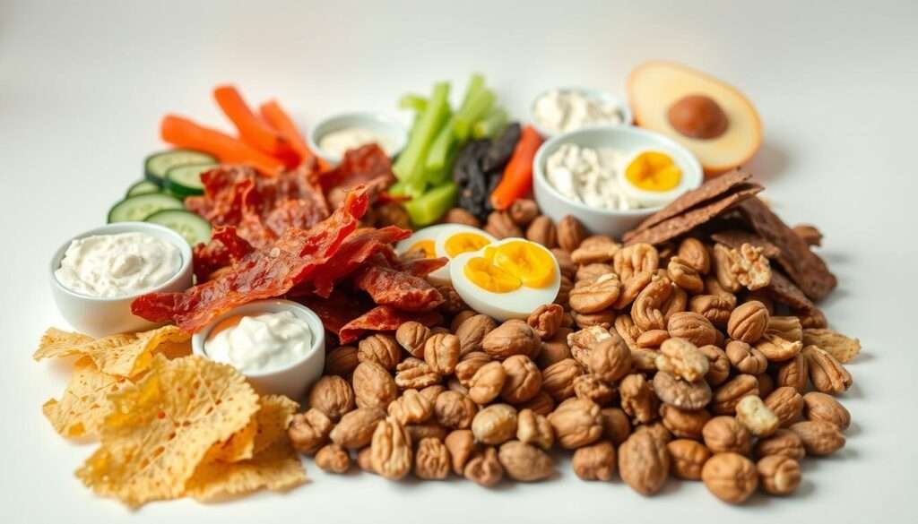 A carefully arranged spread of low-carb, high-protein snacks against a clean, bright backdrop. In the foreground, a selection of crunchy pork rinds, savory jerky, and protein-packed nuts. Behind them, slices of fresh vegetables like cucumber, bell pepper, and celery, accompanied by creamy dips and spreads. In the middle ground, a few hard-boiled eggs and small portions of cottage cheese or Greek yogurt. The lighting is soft and diffused, creating a natural, inviting atmosphere. The overall composition emphasizes the nutritious, satisfying nature of these budget-friendly snack options that can support a fat-loss-focused meal plan.