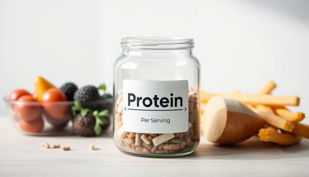 A clean, minimalist still life image of a glass container filled with various protein-rich foods, prominently displaying the "protein per serving" amount. The container is placed on a light wooden surface, with a soft, natural lighting illuminating the scene. The background is a simple, uncluttered white or light gray, allowing the container and its contents to be the focal point. The arrangement is visually appealing, showcasing the high-protein ingredients in an organized and appetizing manner, reflecting the importance of meal prepping healthy, high-protein lunches for busy weekdays.