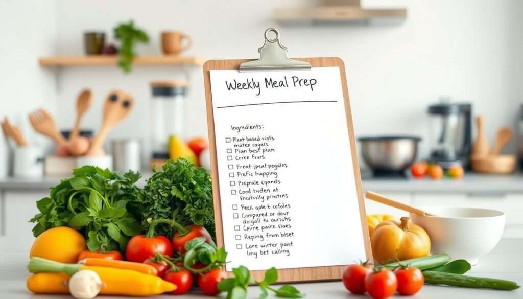 A clean, well-organized weekly meal prep checklist set against a light, airy background. In the foreground, a wooden clipboard holds a handwritten list of plant-based meal ingredients and prep steps, with fresh vegetables, herbs, and fruits arranged neatly around it. In the middle ground, various kitchen tools and appliances, such as a blender, food processor, and mixing bowls, are positioned to suggest a functional, efficient meal prep space. The background features a soft, blurred view of a bright, modern kitchen, conveying a sense of calm and organization. The overall mood is one of streamlined, plant-based meal planning and preparation.