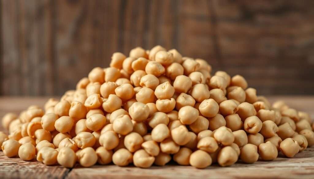 A close-up of a pile of fresh, organic chickpeas (also known as garbanzo beans) against a rustic, wooden background. The chickpeas are arranged in a natural, unstructured manner, with some spilling over the edges. The lighting is soft and diffused, casting gentle shadows that accentuate the textural details of the legumes. The overall mood is one of simplicity, nourishment, and the wholesome quality of this versatile, high-protein ingredient. A 50mm lens captures the scene with a shallow depth of field, keeping the chickpeas in sharp focus while the background remains pleasantly blurred.