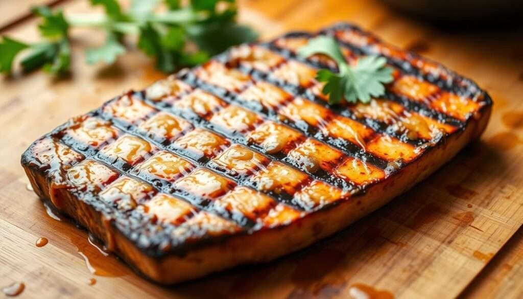 A close-up shot of a grilled tofu steak, glistening with a delicate glaze of peanut or sesame sauce, resting on a wooden cutting board. The tofu has an even golden-brown sear on the surface, created by a hot grill. Surrounding the tofu are fresh herbs, such as cilantro or scallions, adding a vibrant pop of color. The lighting is soft and natural, creating subtle shadows that accentuate the tofu's texture. The overall scene conveys a sense of simplicity and wholesome, plant-based nourishment, perfect for a family-style vegetarian dinner.