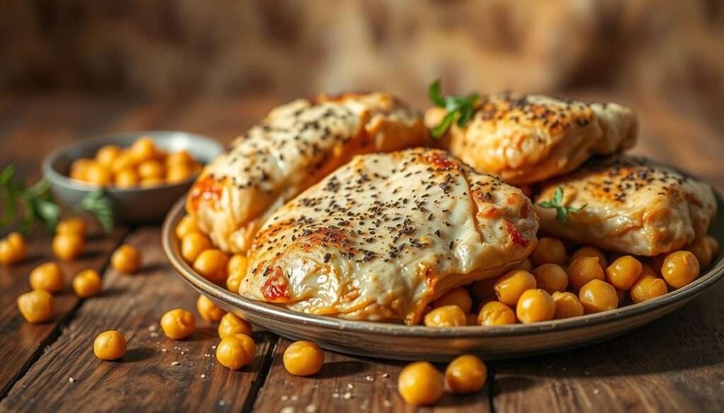 A close-up shot of a rustic wooden table, gently lit from the side, showcasing a vibrant arrangement of salt-and-pepper chicken thighs nestled among crisp, golden-brown chickpeas. The chicken's skin is perfectly crisped, the meat tender and juicy, while the chickpeas offer a satisfying crunch. The scene is enhanced by a soft, earthy backdrop, creating a warm, inviting atmosphere. The image captures the essence of a delectable, protein-packed meal, ready to be savored.