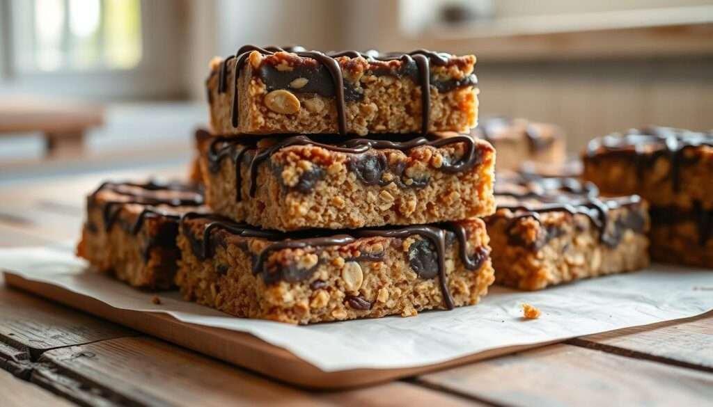 A close-up shot of a stack of homemade oat peanut butter chocolate bars, freshly baked and cooling on a rustic wooden table. The bars have a golden-brown crust, with a rich, fudgy chocolate topping and crunchy peanut butter swirls throughout. Soft, chewy oats create a delightful texture, while the dark chocolate drizzle adds a luxurious finish. Natural lighting filters through a window, casting a warm, inviting glow on the tempting dessert. The overall mood is cozy, comforting, and sure to delight the senses.