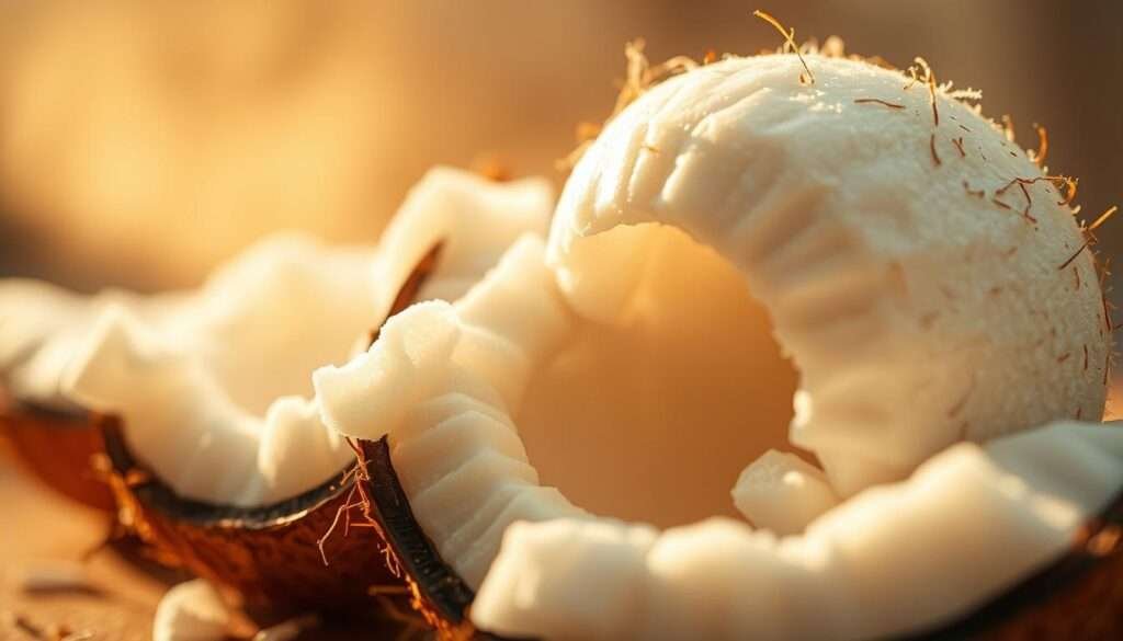 A close-up shot of an artistic coconut dessert, capturing its natural beauty and textures. The coconut is pristinely white, with a soft, pillowy center contrasted by a delicate, slightly crunchy exterior. Warm, golden light bathes the composition, casting gentle shadows that accentuate the coconut's sculptural form. The background is a soft, hazy blur, allowing the coconut to take center stage and exude a sense of indulgence and comfort. The overall mood is one of artisanal craftsmanship, inviting the viewer to imagine the delightful flavors and textures of this enticing coconut treat.