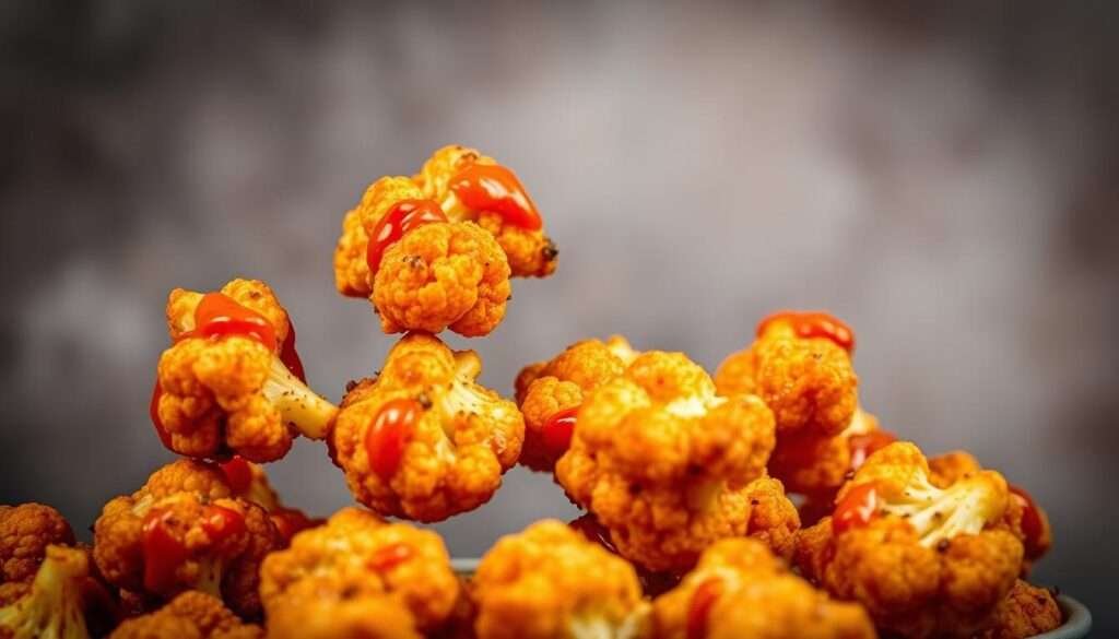 A close-up shot of crispy cauliflower bites, seasoned with a vibrant buffalo-style sauce, floating against a backdrop of muted grays and browns. The bites are arranged in a visually appealing manner, showcasing their golden-brown exteriors and glistening coating. Soft, diffused lighting illuminates the scene, creating a warm and inviting atmosphere. The image conveys a sense of rustic, homemade indulgence, perfect for an article on using air fryers to create healthy, crave-worthy snacks.
