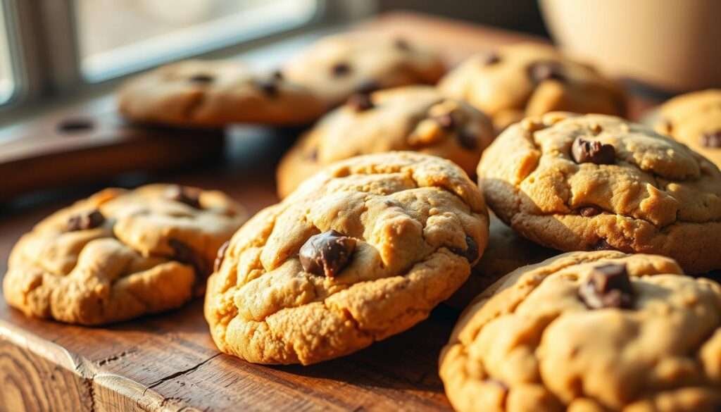 A close-up shot of freshly baked gluten-free cookies with a soft, chewy texture, arranged on a rustic wooden surface. The cookies are golden-brown in color, with visible chunks of chocolate or nuts dotting the surface. The lighting is warm and natural, casting a cozy glow on the scene. The background is slightly blurred, allowing the cookies to take center stage. The overall mood is inviting and homey, capturing the essence of a comforting, crowd-pleasing dessert.