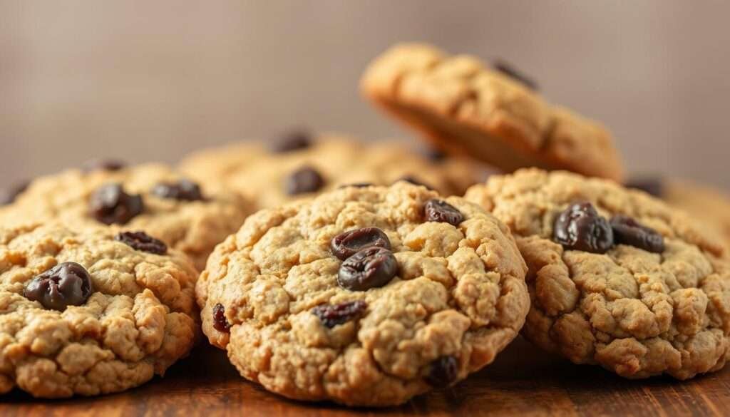 A close-up shot of several freshly baked oatmeal raisin protein cookies, with a soft, chewy texture and a golden-brown exterior. The cookies are arranged on a rustic wooden surface, with a neutral background that allows the focus to remain on the delectable treats. Warm, diffused lighting from above casts a gentle glow, highlighting the inviting appearance and the tempting aroma wafting from the cookies. The image should convey a sense of homemade comfort and the irresistible appeal of these protein-packed, guilt-free indulgences.