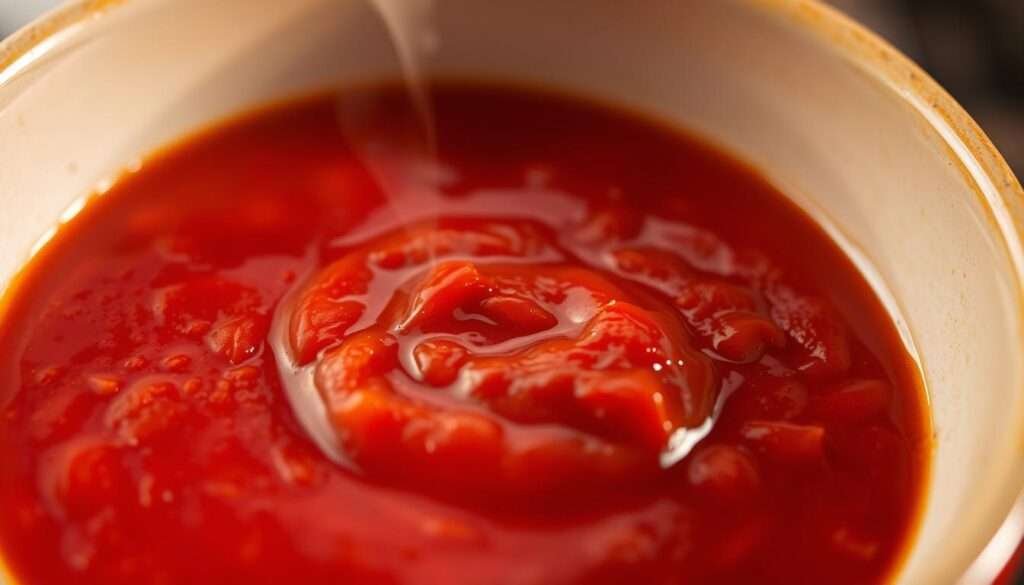 A close-up view of a glossy, thick red sauce, simmering gently in a ceramic bowl, with a subtle hint of steam rising from the surface. The sauce has a rich, velvety texture, with a deep, savory aroma that fills the frame. The lighting is warm and inviting, casting a soft glow on the bowl's edges, creating an intimate, cozy atmosphere. The depth of field is shallow, keeping the sauce in sharp focus, while the background is softly blurred, directing the viewer's attention to the captivating centerpiece. The overall impression is one of high-quality, homemade flavor, ready to be drizzled over a hearty, protein-rich dinner.