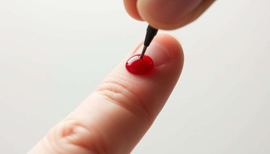 A close-up view of a hand pricking a finger with a lancet, droplets of bright red blood emerging against a neutral background. The skin is shown in meticulous detail, with fine lines and pores visible. The lighting is soft and diffused, creating an intimate, clinical atmosphere. The angle emphasizes the delicate act of self-monitoring, conveying the importance of understanding one's own bodily signals for health and wellness. The focus is on the essential elements - the finger, the blood, the tool - without distractions, capturing the essence of "blood sugar" in a visually striking, yet informative manner.