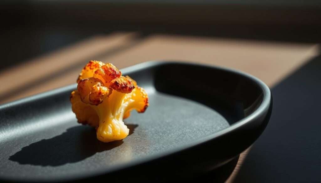 A close-up view of a single cauliflower floret, lightly charred and coated in a vibrant, spicy harissa glaze. The floret is positioned on a matte black ceramic plate, casting subtle shadows that accentuate its textural surface. Soft, directional lighting illuminates the dish, creating a warm, inviting atmosphere. The image is captured with a shallow depth of field, keeping the cauliflower bite sharply in focus while the background is gently blurred, directing the viewer's attention to the star of the frame. An air of minimalism and elegance pervades the scene, hinting at the sophisticated, plant-based culinary experience to come.