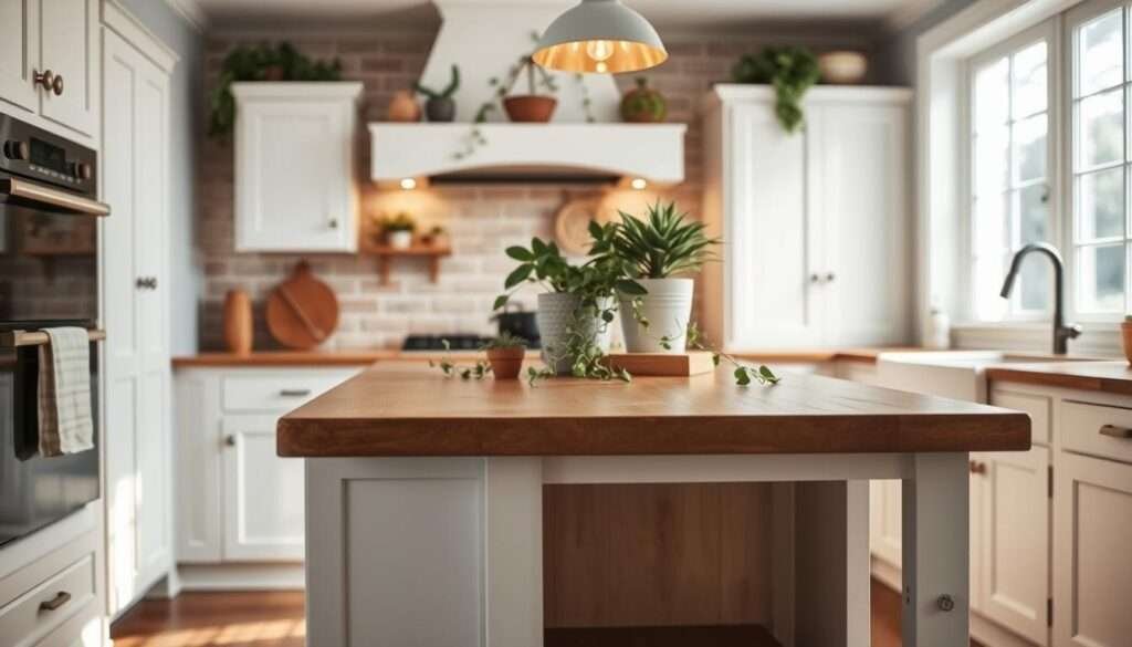 A cozy and charming small kitchen island, its wooden surface gleaming under soft, warm lighting. The island is positioned in a bright, airy farmhouse-style kitchen, with white shaker cabinets, vintage-inspired hardware, and a rustic brick backsplash. Trailing greenery and potted plants adorn the island, adding a touch of natural, bohemian flair. The scene is captured from a low angle, emphasizing the island's inviting presence and creating an intimate, welcoming atmosphere. The overall aesthetic blends modern farmhouse and bohemian design elements, perfectly suited for a "Small Footprint: Kitchen Small With Island Done Right" feature.