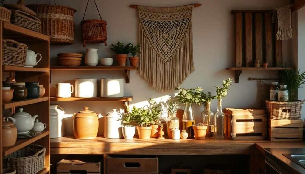 A cozy and inviting boho-inspired kitchen storage display, bathed in warm, natural lighting. In the foreground, an artfully arranged collection of woven baskets, ceramic jars, and wooden crates, casting soft shadows on the rustic wood shelves. The middle ground features a mix of potted greenery, terracotta pots, and vintage glass bottles, creating a visually captivating tableau. In the background, the wall is adorned with a macrame wall hanging, adding a touch of organic texture and bohemian flair. The overall scene exudes a sense of effortless style and functionality, perfect for showcasing kitchen essentials in a visually pleasing way.