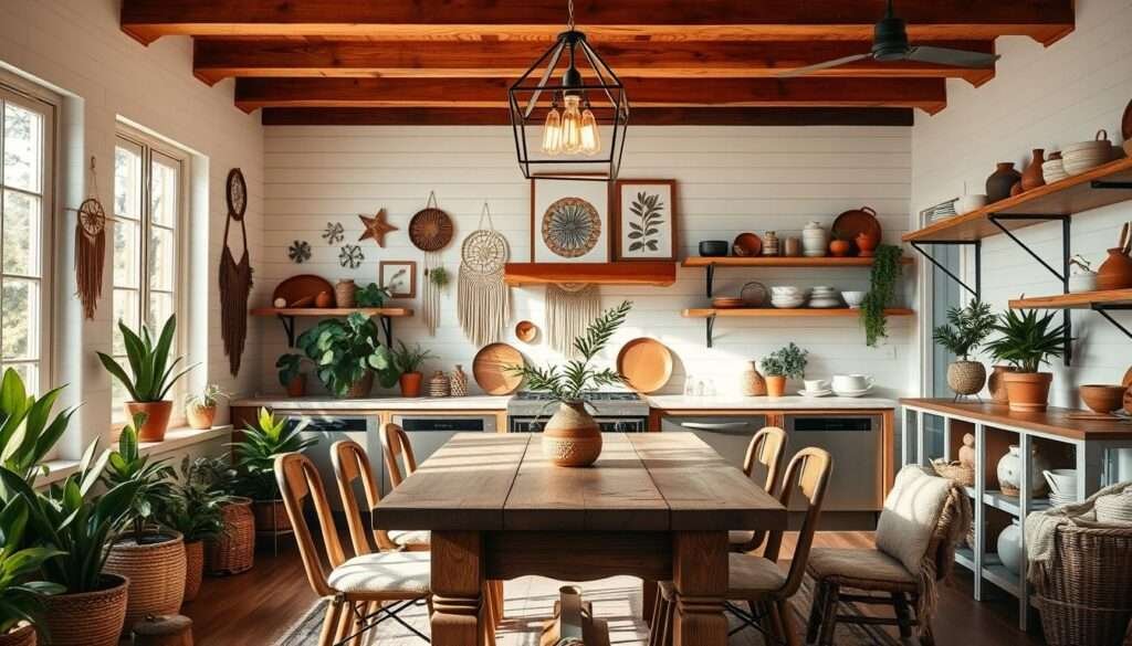 A cozy and inviting boho-inspired kitchen with warm natural lighting filtering through large windows. The foreground features a rustic wooden dining table surrounded by mismatched vintage chairs with plush cushions. Hanging from the ceiling is a geometric light fixture with Edison bulbs casting a soft glow. The middle ground showcases an assortment of potted plants, woven baskets, and eclectic wall decor like macrame, dreamcatchers, and framed botanical prints. In the background, white shiplap walls are accented by open shelving displaying an array of earthenware, ceramics, and copper cookware. The overall atmosphere is one of casual elegance and laid-back charm.