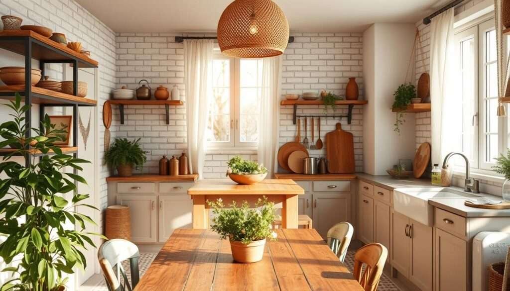 A cozy and inviting boho-inspired small kitchen flooded with natural light, showcasing a mix of rustic and modern elements. In the foreground, a wooden table with mismatched vintage chairs and a lush potted plant, creating a relaxed, lived-in vibe. The middle ground features a whitewashed brick backsplash complemented by open shelving displaying earthy ceramics and copper cookware. Overhead, a large window with sheer curtains casts a warm, golden glow, while a woven pendant light adds a touch of bohemian flair. The background reveals a compact but efficient layout, with a sleek, minimalist kitchen island and a farmhouse-style sink. Touches of greenery, woven textures, and earthy tones come together to create a harmonious, cozy, and inviting boho-chic atmosphere.