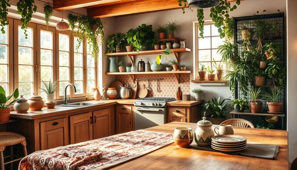 A cozy and inviting boho-style kitchen with natural wood accents, earthy tones, and hanging greenery. Sunlight streams in through large windows, casting a warm glow on the room. In the foreground, a rustic wooden table is adorned with a plush boho-inspired tablecloth and an eclectic mix of ceramic dishware. The middle ground features a vintage-inspired oven and a backsplash of patterned tiles, complemented by open shelving displaying a collection of potted plants and artisanal decor. The background showcases a lush indoor plant wall, adding to the relaxed and nature-inspired ambiance. The overall atmosphere evokes a sense of comfort, creativity, and a touch of bohemian flair.