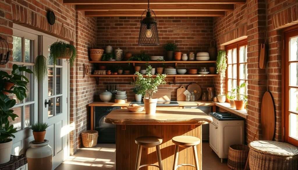 A cozy and inviting small boho kitchen, bathed in warm natural light streaming through large windows. The space is filled with earthy tones, natural textures, and bohemian-inspired decor. A rustic wood-topped island with stools takes center stage, complemented by hanging plants, woven baskets, and a vintage-style pendant light above. The background features exposed brick walls and open shelving displaying an eclectic mix of ceramic dishware, potted herbs, and a small potted tree. The overall atmosphere is one of relaxed, organic charm, perfect for a compact yet charming boho-inspired kitchen.