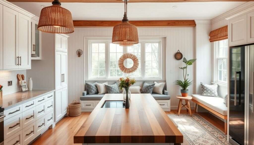 A cozy and inviting small kitchen with a modern bohemian flair. In the foreground, a sleek island with a butcher block countertop serves as the focal point, providing ample workspace and casual seating. Midground, crisp white cabinetry contrasts with warm wood accents, creating a harmonious balance. Pendant lights with rattan shades cast a soft, ambient glow, while large windows flood the space with natural light, highlighting the eclectic mix of textures and materials. In the background, a nook with a plush bench and throw pillows invites intimate conversation or casual dining. The overall atmosphere is one of relaxed sophistication, blending modern and boho elements for a truly inviting kitchen oasis.