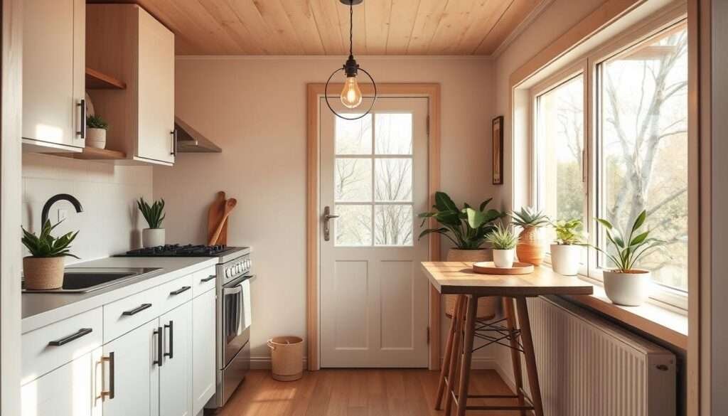 A cozy and inviting small space kitchen, bathed in warm, natural light filtering through large windows. A minimalist, Scandinavian-inspired design with clean lines and pale wooden accents, complemented by plants and a touch of rustic charm. The compact layout features sleek cabinets, a compact stove, and a narrow counter doubling as a breakfast bar. A vintage-inspired pendant light casts a soft glow, while a small dining table or island provides a functional and charming gathering spot. The overall atmosphere evokes a sense of efficiency, comfort, and effortless living in a petite, but thoughtfully designed space.