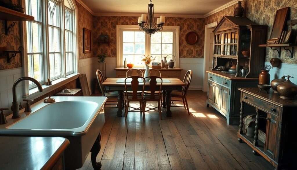 A cozy and inviting vintage kitchen with a warm, rustic aesthetic. In the foreground, an ornate farmhouse-style sink and a claw-foot tub-style freestanding tub nestled in a sunny alcove. The middle ground features a large, wooden dining table surrounded by mismatched vintage chairs, with a distressed sideboard or hutch in the background. Soft, natural lighting streams in through large, mullioned windows, casting a golden glow over the space. The walls are adorned with vintage-inspired wallpaper or shiplap, and the floors are covered in worn, distressed hardwood or vintage-style tiles. Weathered brass or copper accents, along with antique decorative items, lend an authentic, lived-in feel to the scene.