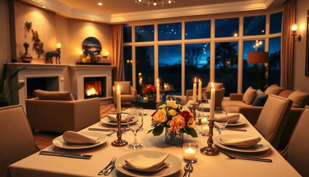 A cozy and inviting virtual dinner party setting with a warm, sophisticated ambiance. In the foreground, a neatly set table with elegant place settings, candlesticks, and a centerpiece of fresh flowers. The middle ground features a well-appointed living room with plush furnishings, a crackling fireplace, and soft, mood lighting. In the background, large windows overlooking a picturesque nighttime landscape, with a starry sky and the silhouette of trees. The overall atmosphere conveys a sense of intimacy, comfort, and connection, perfect for a memorable virtual gathering.