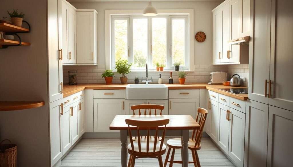 A cozy and well-organized small kitchen, bathed in warm, natural lighting from a large window. Sleek white cabinets with minimalist hardware line the walls, complemented by a butcher block countertop. A small farmhouse-style sink sits below the window, surrounded by potted herbs and a few simple kitchen utensils. The floor is covered in classic subway tiles, creating a clean, timeless aesthetic. In the foreground, a small wooden dining table with two matching chairs, perfect for an intimate meal. The overall atmosphere is one of efficiency, simplicity, and understated charm.