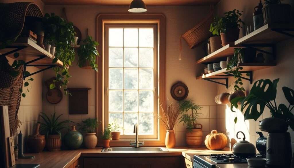 A cozy bohemian kitchen bathed in soft, natural light streaming through a large window. Warm wooden cabinets and shelves complement the earthy tones of the space, while lush potted plants and woven textures add a touch of organic charm. The sunlight filters in, casting gentle shadows and highlighting the details of the space - the grain of the wood, the delicate leaves of the plants, and the worn patina of the metal hardware. The overall atmosphere is one of tranquility and effortless style, inviting the viewer to imagine themselves relaxing in this serene, small-space sanctuary.