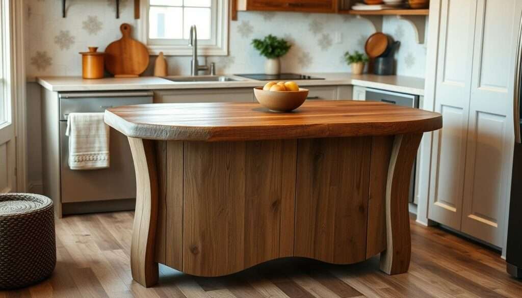 A cozy, boho-inspired kitchen island with a weathered wood top, surrounded by natural stone countertops in earthy tones. Soft, diffused lighting casts a warm glow, highlighting the rustic textures and organic materials. The island's curved edges and simple, minimalist design create a inviting, lived-in feel, complementing the overall flow and charm of the small kitchen space.