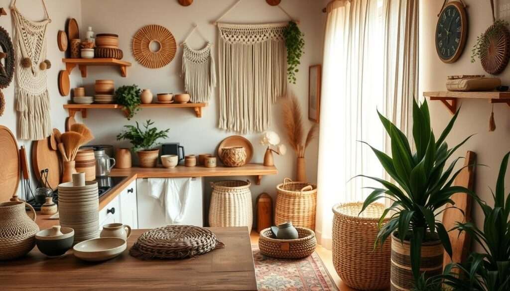 A cozy boho kitchen corner filled with an array of natural textures and organic elements. In the foreground, a wooden table is adorned with handcrafted ceramic dishes, woven baskets, and a lush potted plant. The middle ground showcases a mix of macrame wall hangings, wooden shelves displaying earthenware, and a vintage area rug in muted tones. The background features warm, diffused lighting filtering through sheer curtains, creating a serene and inviting atmosphere. The overall scene exudes a sense of intentional, layered decor that embodies the modern bohemian aesthetic.