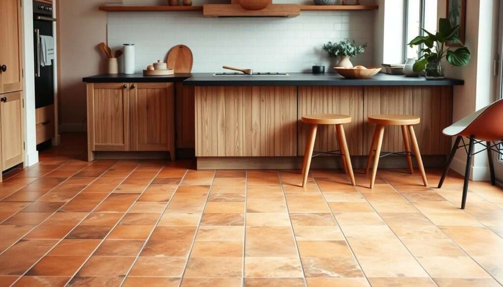 A cozy boho kitchen with a beautifully curated floor pairing. In the foreground, a rustic terracotta tile floor in a warm, earthy tone, its uneven texture adding character. Against this, a seamless, matte black countertop with subtle veining, creating a striking contrast. In the middle ground, a mid-century inspired wooden kitchen island with a weathered, lived-in look, its natural grains complementing the tile underfoot. Soft, diffused lighting casts a gentle glow, evoking a sense of warmth and comfort. The overall atmosphere is one of effortless, organic elegance - a harmonious blend of materials that invites you to linger and savor the space.